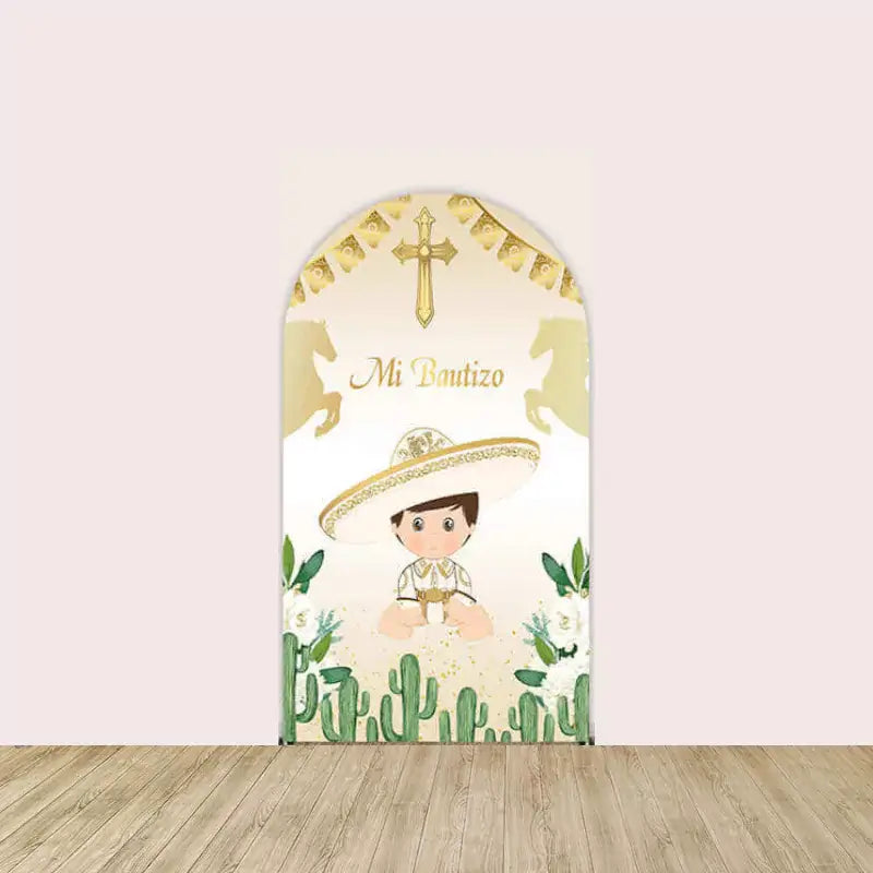 Center panel showing baby boy in white with gold details, surrounded by green cactus, floral accents, gold horse silhouettes, and cross with “Mi Bautizo” text