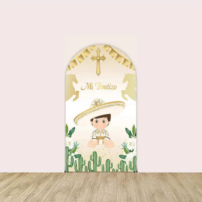 Center panel showing baby boy in white with gold details, surrounded by green cactus, floral accents, gold horse silhouettes, and cross with “Mi Bautizo” text