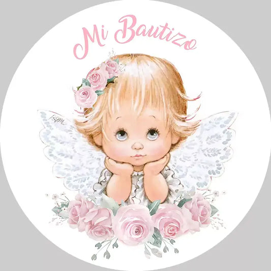 Round ‘Mi Bautizo’ backdrop featuring a cute baby girl angel with lace wings, floral crown, and pink roses – perfect for a girl’s baptism celebration