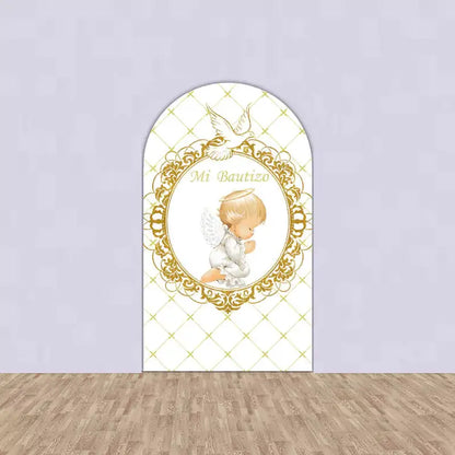 Center arch featuring a praying baby angel with wings and halo under the words “Mi Bautizo” in gold with floral and dove accents.