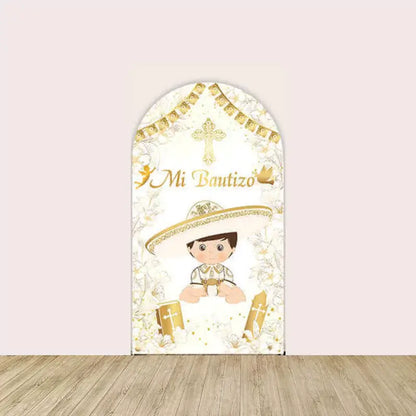 Left arch featuring a baby boy in sombrero, Bible and gold cross motifs, with “Mi Bautizo” text and floral border.