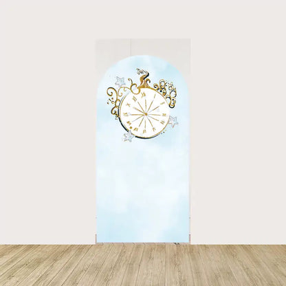 Arch panel with a gold Cinderella-style clock at midnight on a soft blue background—storybook detail for royal party backdrops.