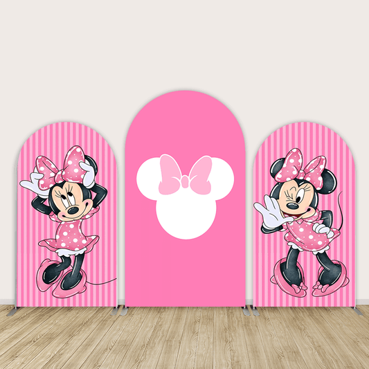 Watercolor Pink Minnie Arch Covers Backdrop for Girl Baby Shower Party Decoration 1st Birthday Background Arched Wall Banner