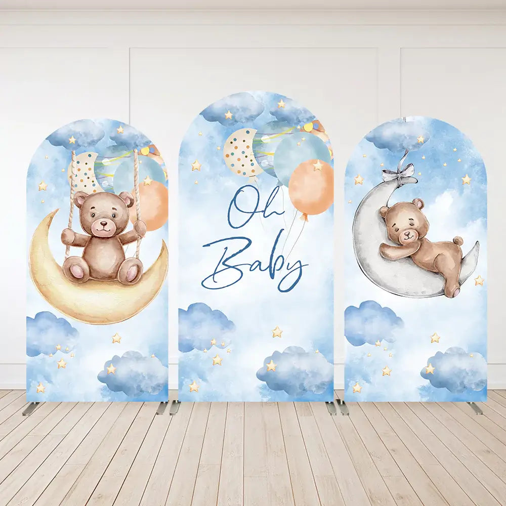 Three-piece arched baby shower backdrop set featuring teddy bears on a crescent moon, 'Oh Baby' text with balloons, and soft clouds with stars.