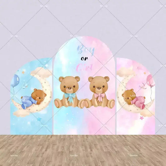 Three-panel arch backdrop for gender reveal with blue and pink clouds, sleeping moon bears, and “Boy or Girl” text in the center.