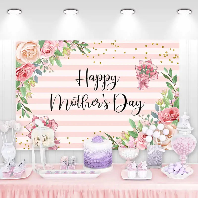 Festive Mother's Day backdrop with soft pink stripes and vibrant floral arrangements, ideal for celebrations and event decoration.