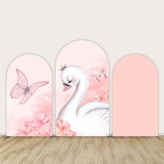 Pink Butterfly Swan Arched Cover Backdrops for Baby Shower Party Decoration Floral Girl Birthday Arch Wall Photo Background