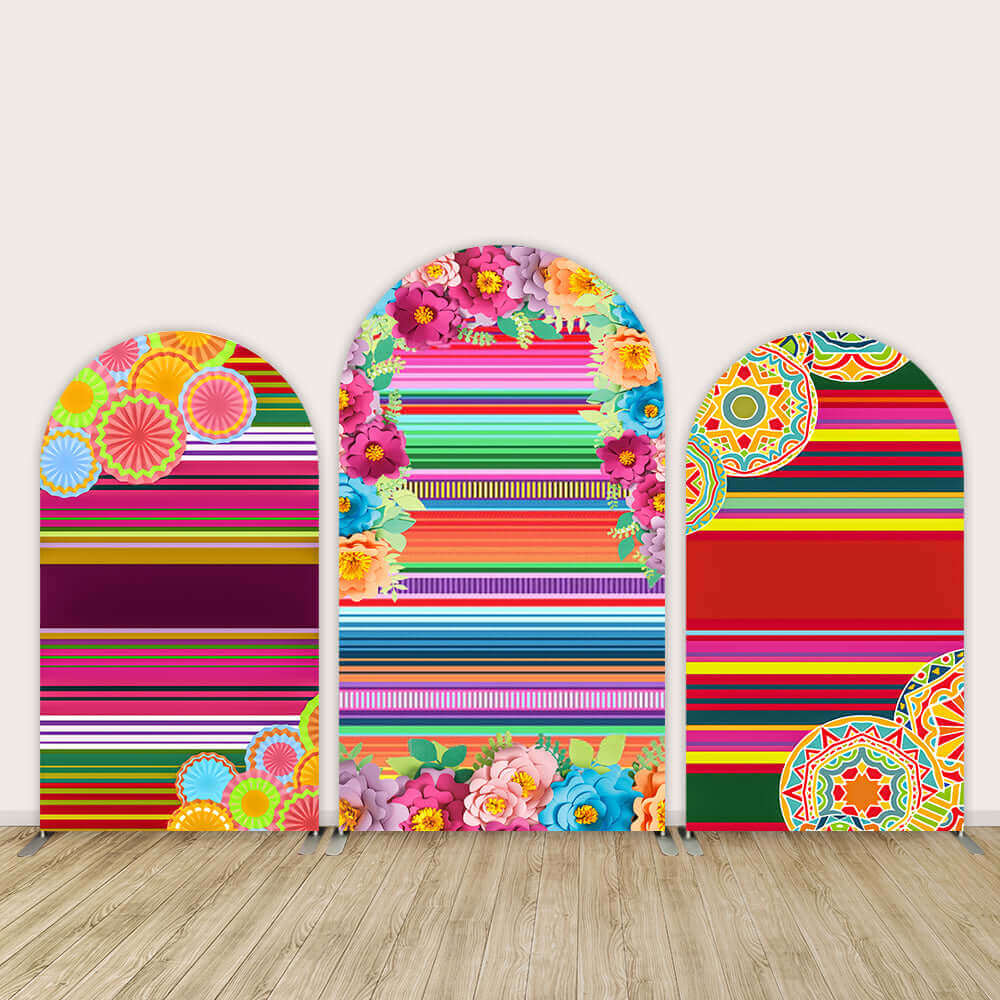 Mexican Theme Striped Circle Round Backdrop Fiesta Cinco De Mayo Paper Flowers Background Party Decoration for Cake Table Banner