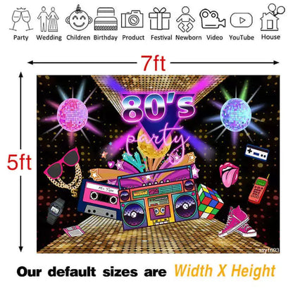 Retro 80s-themed party backdrop with neon lights, disco elements, and vibrant colors, perfect for creating a nostalgic atmosphere