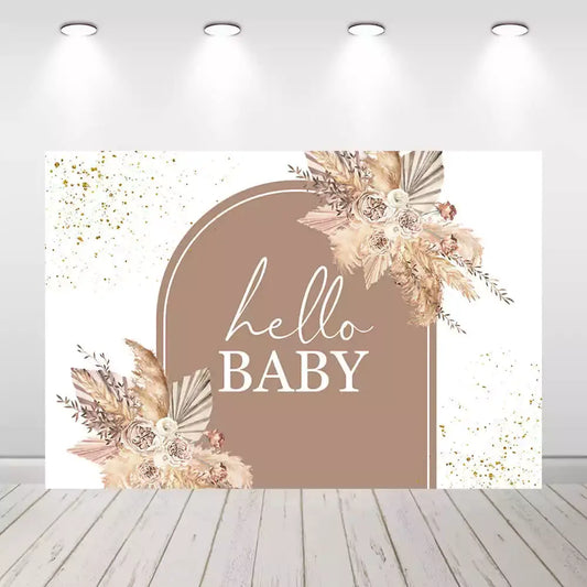 Neutral tones "Hello Baby" backdrop with floral design for baby showers.