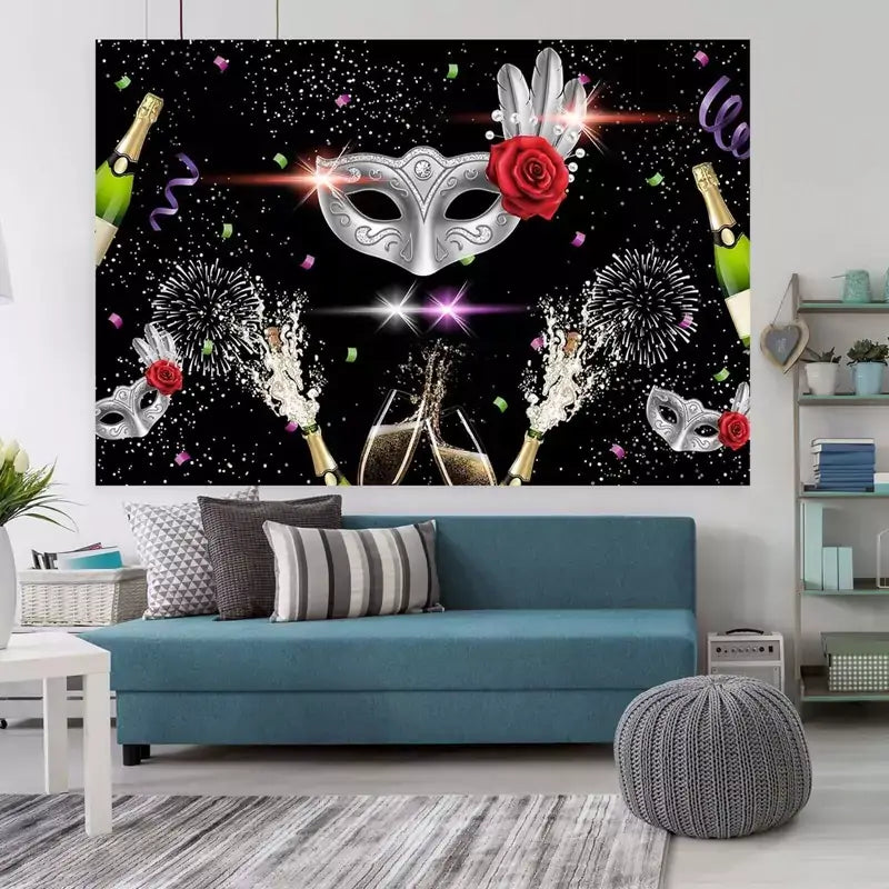 New Year’s Eve masquerade backdrop with silver mask, champagne bottles, fireworks, and confetti for a glamorous party setting.