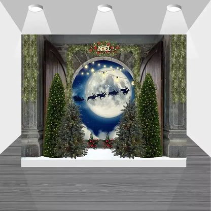 Noel-themed Christmas backdrop with Christmas trees, moonlight, and Santa’s sleigh flying across the sky, ideal for party decorations.