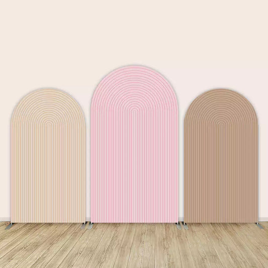 Three minimalist Chiara arch backdrops in nude beige, pastel pink, and cocoa brown with concentric groove patterns—ideal for modern baby showers or events.