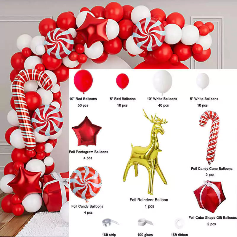 Christmas Balloon Garland Arch kit 123 Pieces with Christmas Red White Candy Balloons Arch Backdrops Cover Reindeer Balloons for Christmas Party Decorations