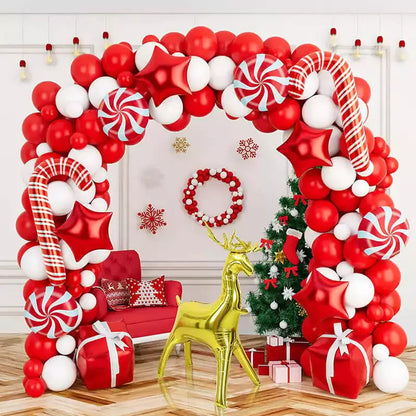 Christmas Balloon Garland Arch kit 123 Pieces with Christmas Red White Candy Balloons Arch Backdrops Cover Reindeer Balloons for Christmas Party Decorations