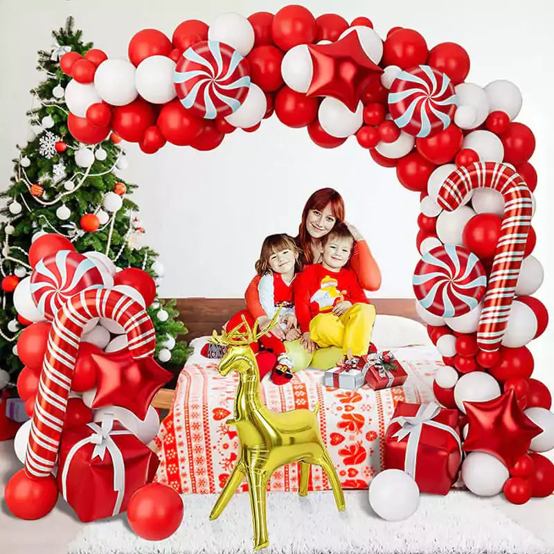 Christmas Balloon Garland Arch kit 123 Pieces with Christmas Red White Candy Balloons Arch Backdrops Cover Reindeer Balloons for Christmas Party Decorations