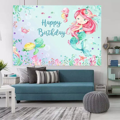 Kids’ birthday backdrop with a mermaid and ocean life theme, including sea turtles and coral, ideal for undersea party adventures.