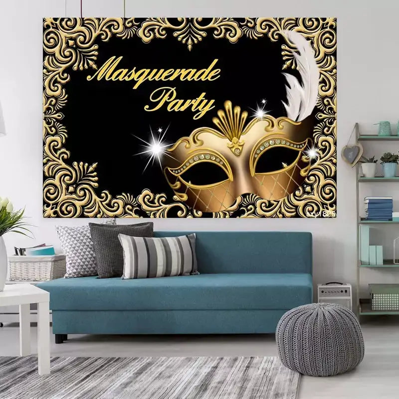 Ornate "Masquerade Party" backdrop showcasing a detailed gold mask with feathers and a decorative border, perfect for elegant celebrations