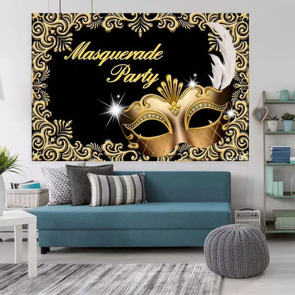 Ornate "Masquerade Party" backdrop showcasing a detailed gold mask with feathers and a decorative border, perfect for elegant celebrations