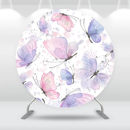 Round pastel backdrop with watercolor butterfly designs in soft pink, purple, and blue tones, perfect for elegant and whimsical party themes.