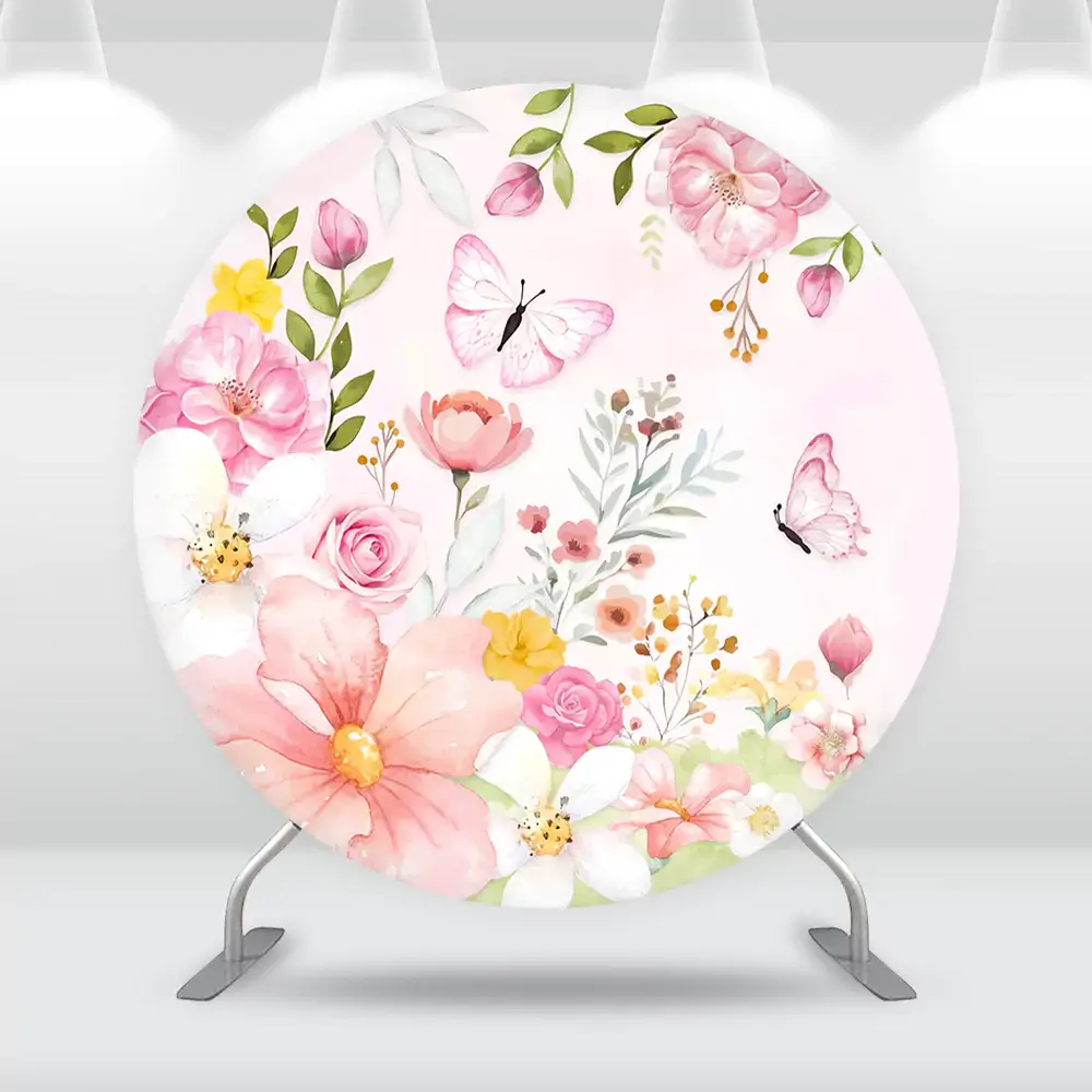 Round pastel backdrop featuring watercolor floral designs with pink roses, yellow flowers, greenery, and butterflies, ideal for romantic or elegant party themes.