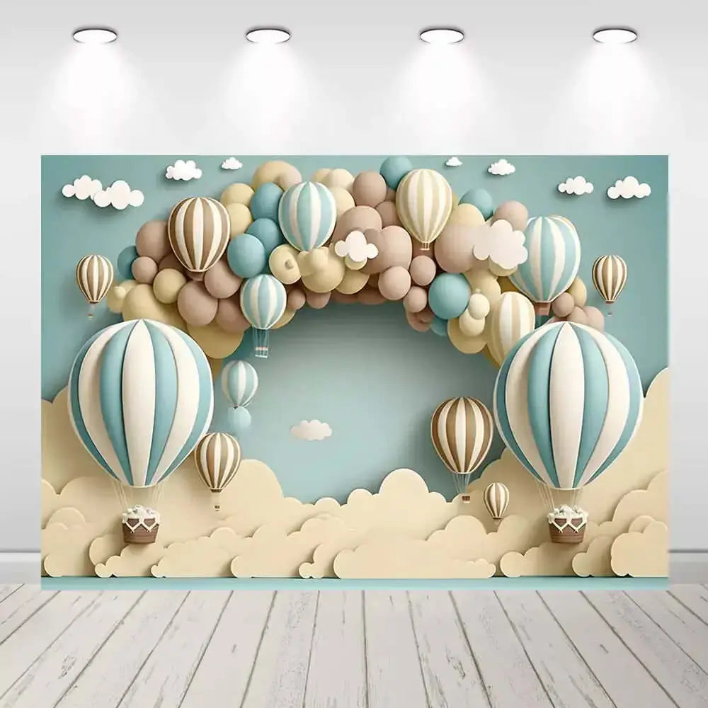 Pastel-colored hot air balloon-themed birthday backdrop with clouds, perfect for kids' birthday parties and baby showers.