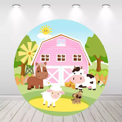 Cute pastel pink barn backdrop with cartoon cow, horse, lamb, and dog.