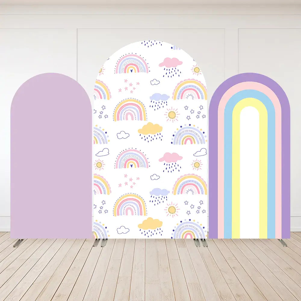 Pastel rainbow backdrop with colorful rainbows, clouds, and sun patterns, perfect for baby showers or kids' parties.