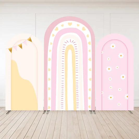 Create a dreamy celebration with this pastel rainbow and daisy-themed backdrop. Perfect for birthdays, baby showers, or boho-style events.