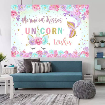 Pastel rainbow backdrop with "Mermaid Kisses Unicorn Wishes" text, decorated with unicorn and mermaid elements, perfect for themed birthday celebrations