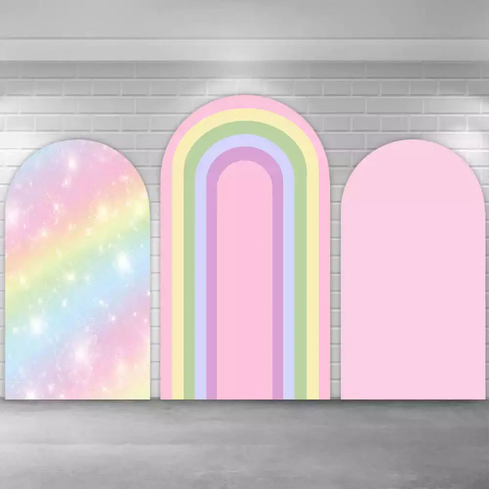 Set of three pastel-themed arched backdrops featuring a rainbow sparkle design, a pastel rainbow, and a solid pink background, perfect for kids' birthdays and whimsical events.