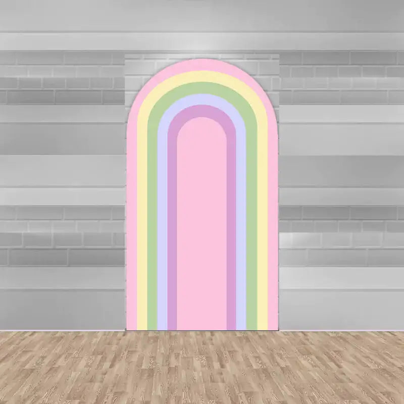 Center arched backdrop featuring a vertical pastel rainbow with soft pink, purple, yellow, and green stripes, ideal for a rainbow-themed party.