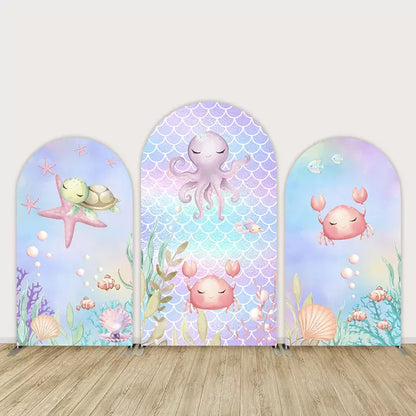 Three-panel pastel under-the-sea backdrop featuring sleepy turtle, octopus, and crabs with coral, shells, and ocean plants—ideal for baby showers or ocean parties.