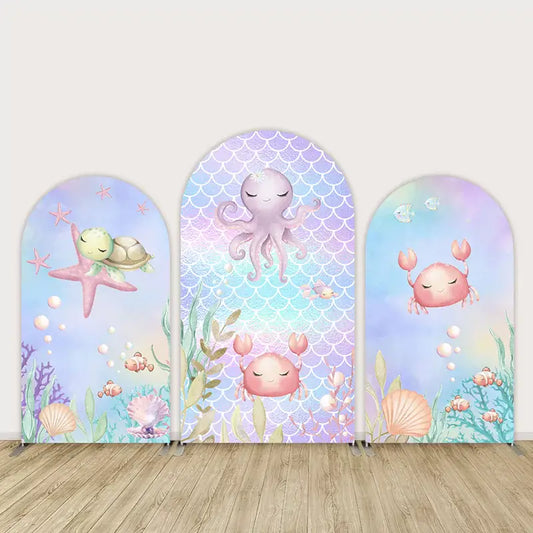 Three-panel pastel under-the-sea backdrop featuring sleepy turtle, octopus, and crabs with coral, shells, and ocean plants—ideal for baby showers or ocean parties.