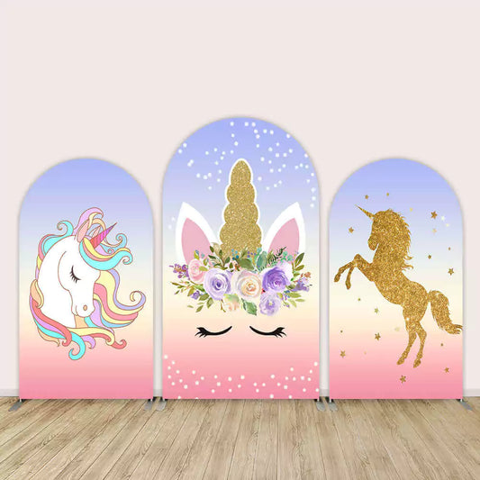 Three-panel unicorn party arch backdrop featuring pastel backgrounds with a floral unicorn face, rainbow mane unicorn, and glitter gold unicorn silhouette.