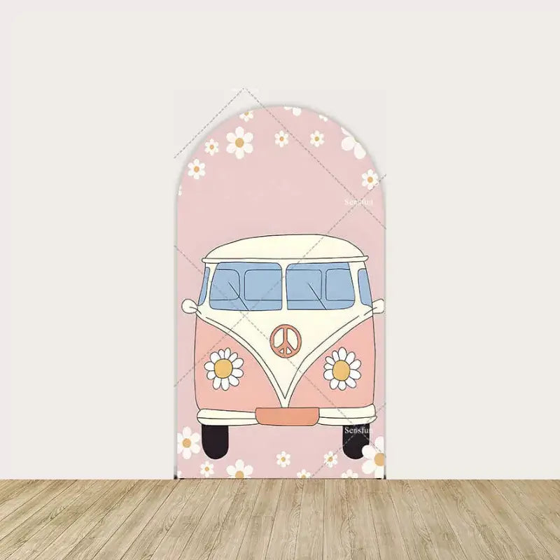Retro flower power van with peace sign and white daisies on a pink background.