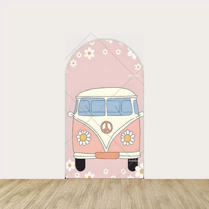 Retro flower power van with peace sign and white daisies on a pink background.