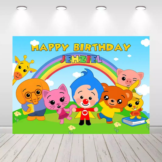 Cartoon character birthday backdrop with rainbow and personalized name.