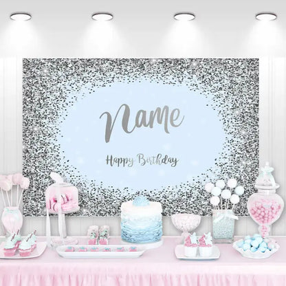 Silver glitter birthday backdrop with customizable name.