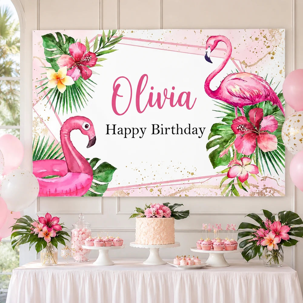 Personalized pink flamingo birthday backdrop with tropical flowers, palm leaves and custom name Olivia for a girls birthday party.