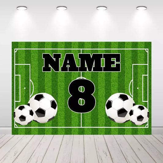 Custom soccer-themed party backdrop featuring soccer balls and personalized name.