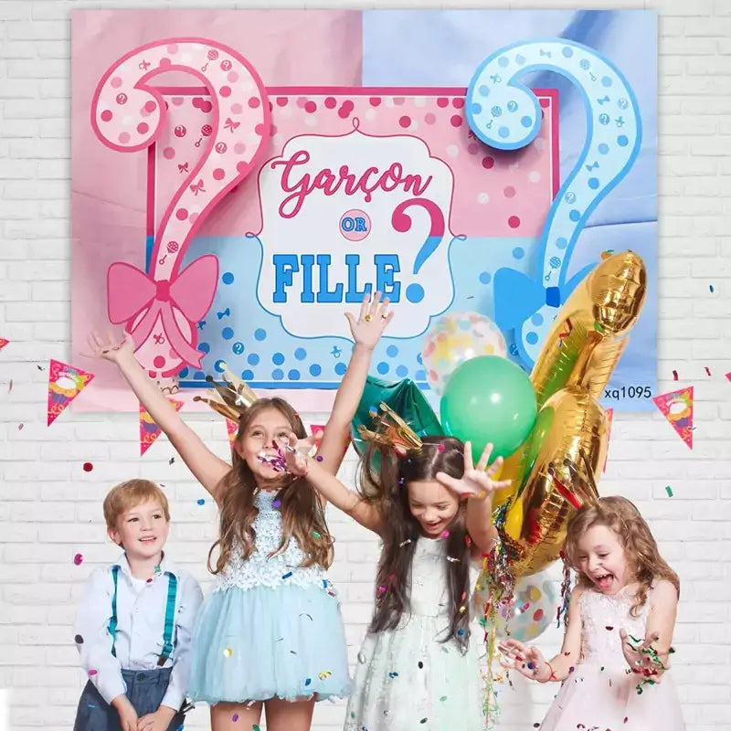 Pink and blue gender reveal backdrop with question mark decorations and "Garçon or Fille?" text, ideal for creating excitement at your party.