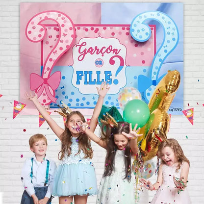 Pink and blue gender reveal backdrop with question mark decorations and "Garçon or Fille?" text, ideal for creating excitement at your party.