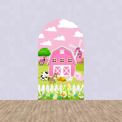 Center panel with pink barn, windmill, and cartoon farm animals including cow, pig, sheep, and donkey in a green pasture.