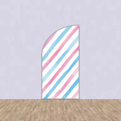 Left panel with diagonal pink, blue, and white stripes – a simple and stylish pattern for gender reveal or baby shower themes.