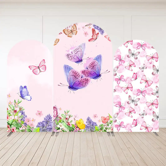 Three-panel butterfly arch backdrop with pink and purple butterflies, floral edges, and soft pastel backgrounds—perfect for garden or girl party decor.
