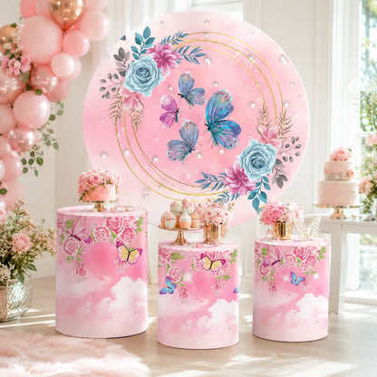 Pink butterfly floral party set with one round backdrop and three matching cylinder covers featuring roses, clouds and pastel butterfly designs.