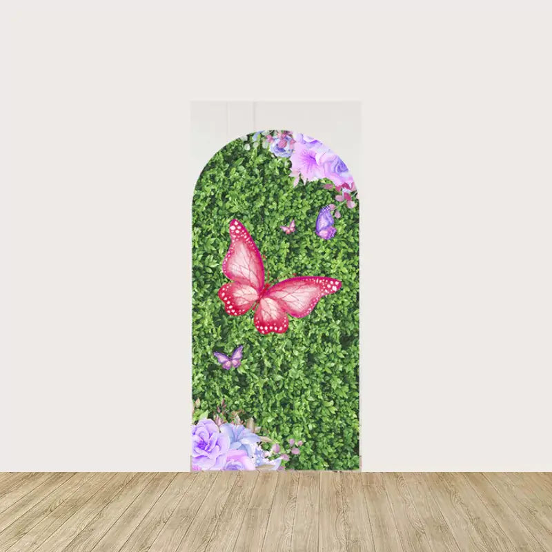 Arch panel with large pink butterfly, purple blooms, and green hedge background—ideal for floral and garden-themed birthday events.
