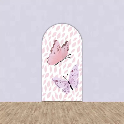 Right arch featuring two pink and purple butterflies over a soft pink leafy background—matches perfectly for floral or butterfly party themes.