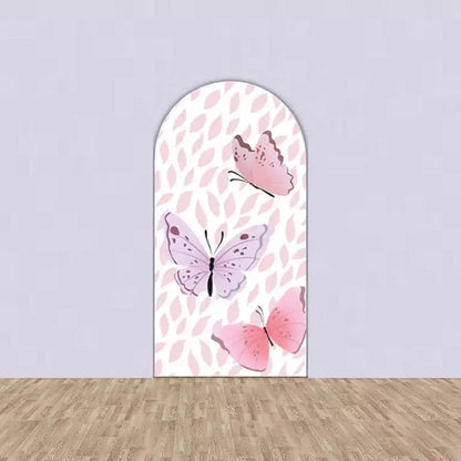 Left arch with three pink and purple butterflies flying over a light pink leaf pattern background—ideal for spring or garden party themes.